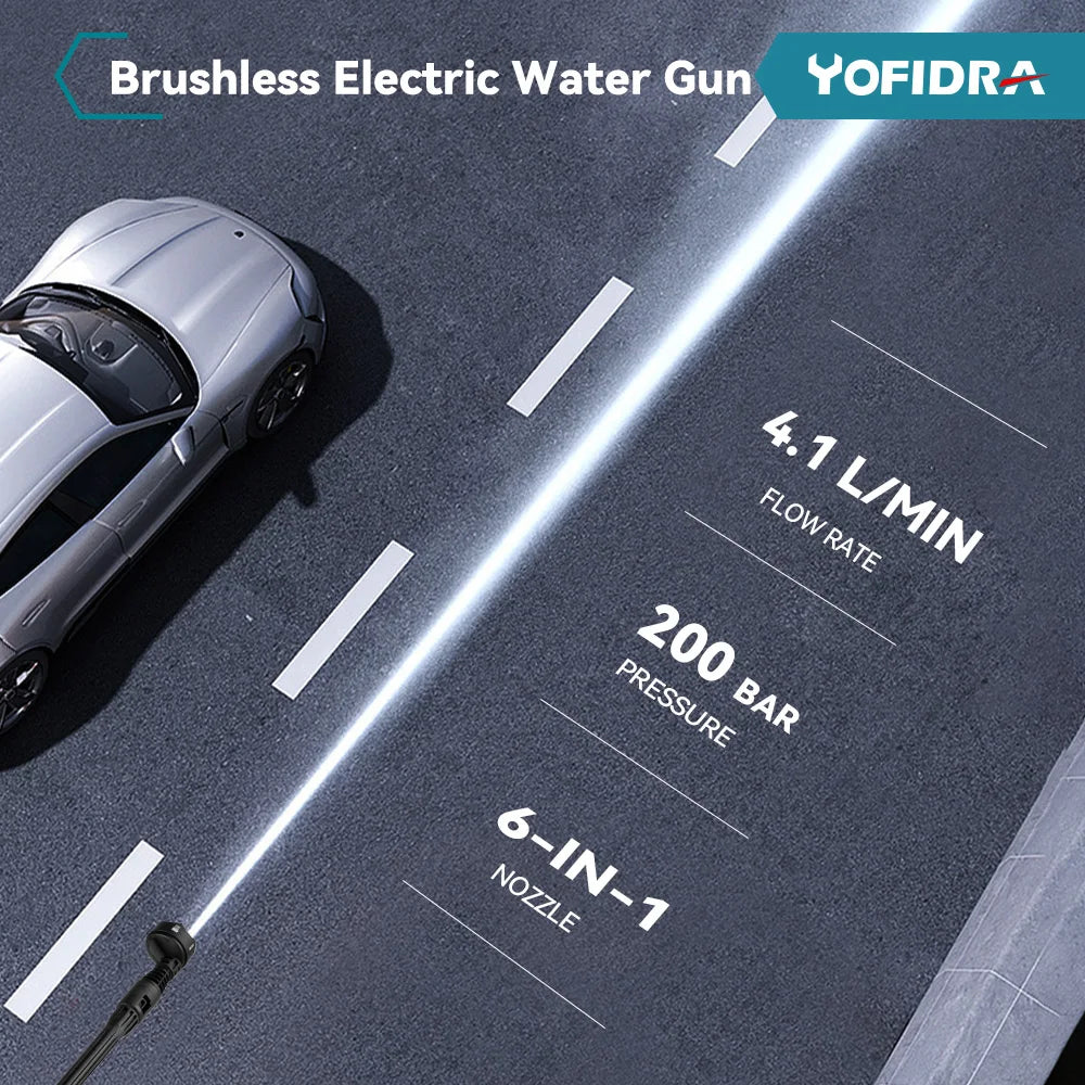 YOFIDRA Nettoyeur Haute Pression 200 Bar - 3500W, Moteur Brushless, Pistolet Pulvérisateur 6-en-1, Compatible Batterie Makita 18V
