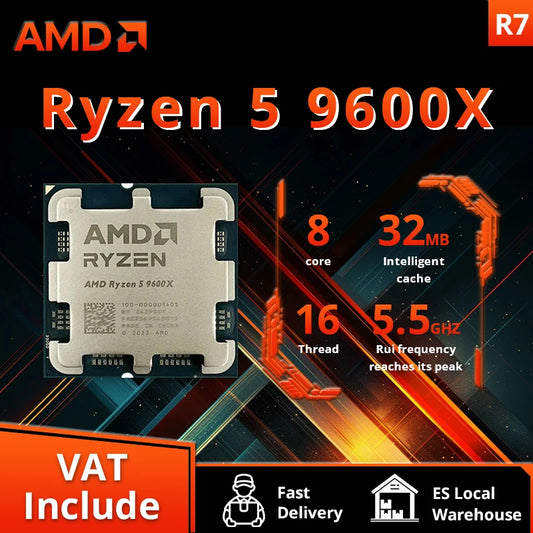 AMD Ryzen 5 9600X - Processeur Gaming 6 Cœurs, 12 Threads, 5.4 GHz, 4nm, Socket AM5 (Sans Ventilateur)