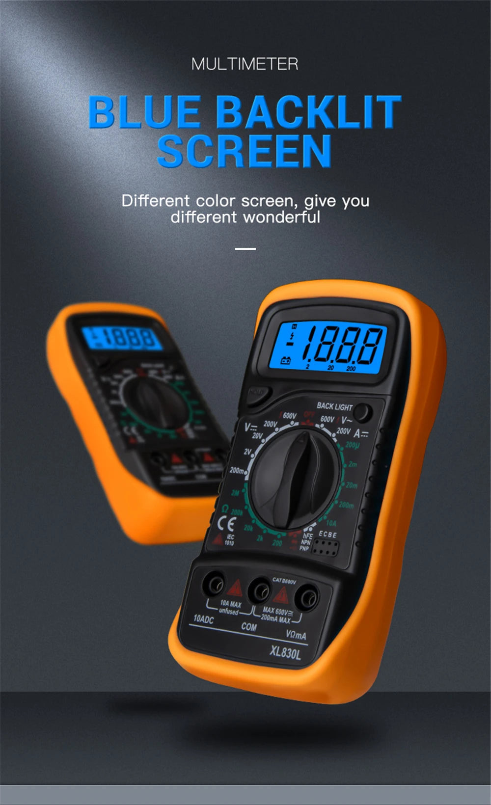 Multimètre numérique portable - LCD rétroéclairé - Testeur AC/DC, Volt, Ohm, Ampère - Neuf