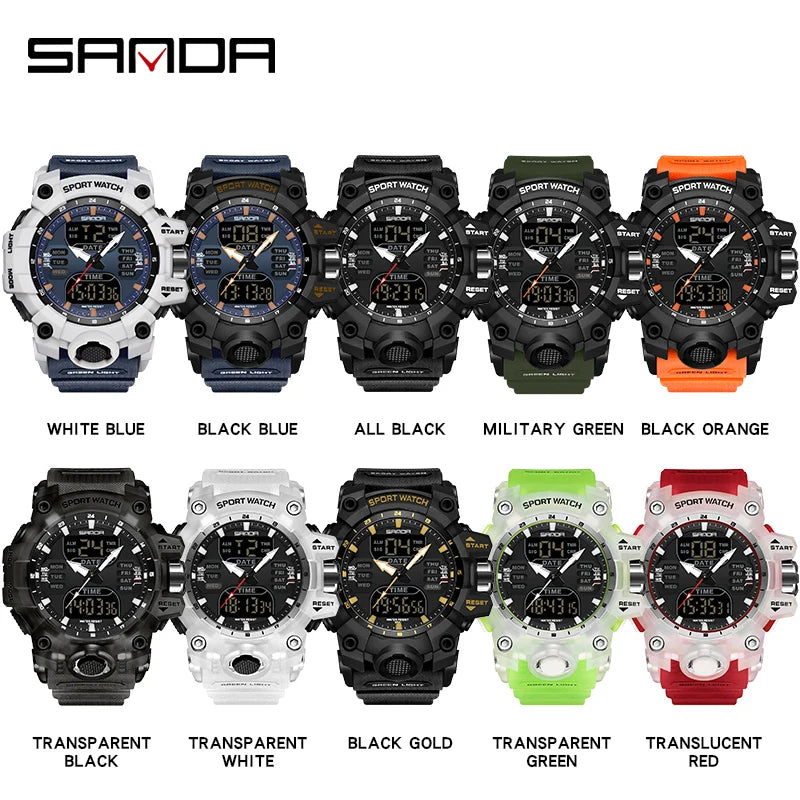 SANDA Luxury G-Style - Montre Électronique Sport Homme, LED, Chronographe Militaire, Étanche 50M