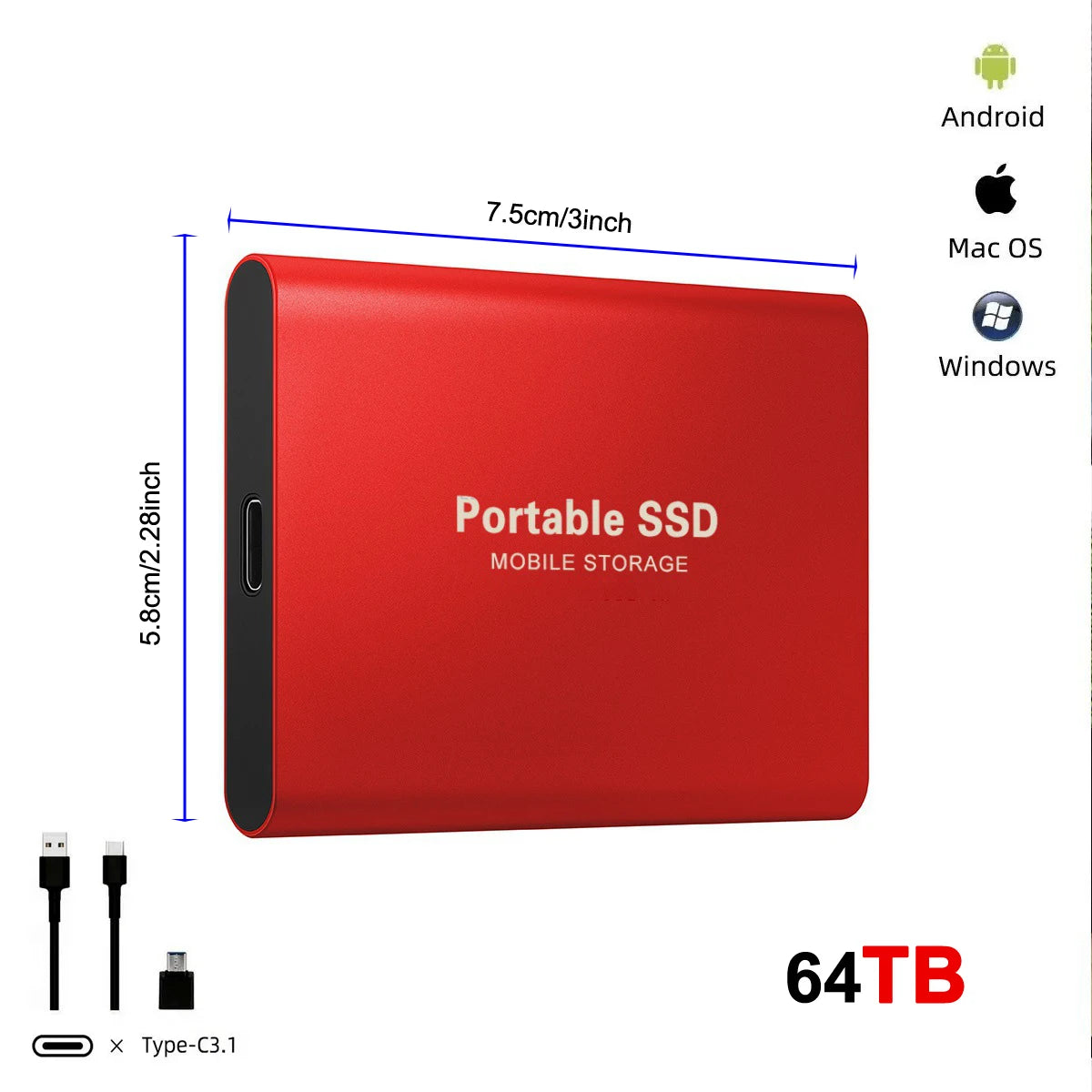 Disque Dur Externe SSD Ultra Fin - 128 To, Portable, USB 3.0, Compatible PC & Mac