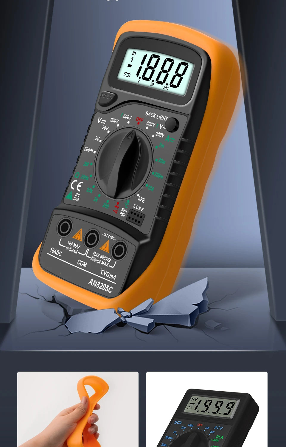 Multimètre numérique portable - LCD rétroéclairé - Testeur AC/DC, Volt, Ohm, Ampère - Neuf