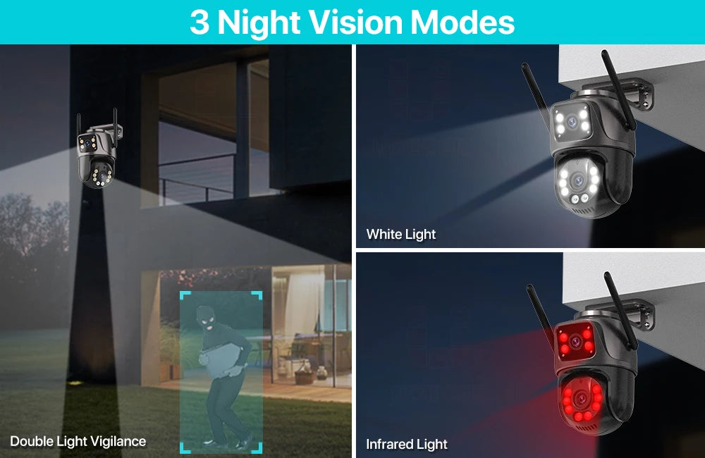 Caméra de Surveillance Extérieure 4K 8MP WiFi PTZ - Double Objectif, Suivi Auto AI, Audio Bidirectionnel, Vision Nocturne, iCSee