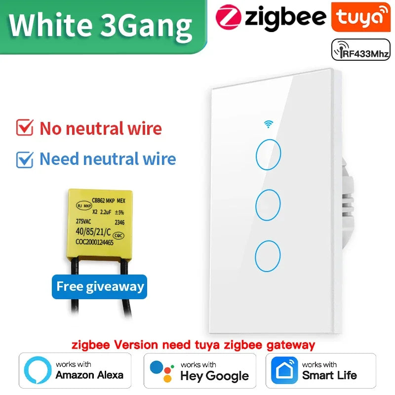 Interrupteur Intelligent TNCE WiFi/Zigbee RF433 - Sans Fil Neutre, Contrôle Tactile & Vocal, Compatible Alexa & Google Home