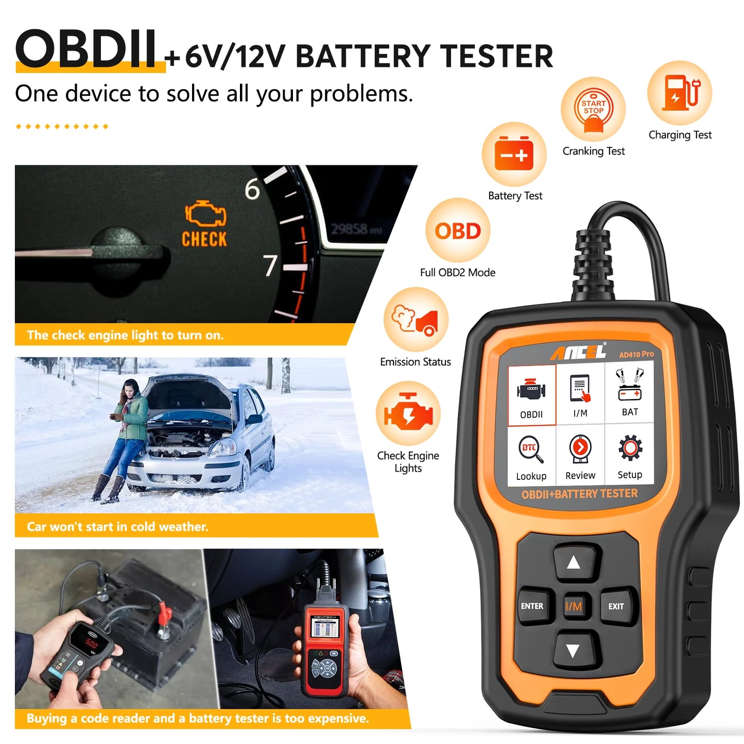 ANCEL AD410 PRO – Lecteur de Codes OBD2 & Testeur de Batterie