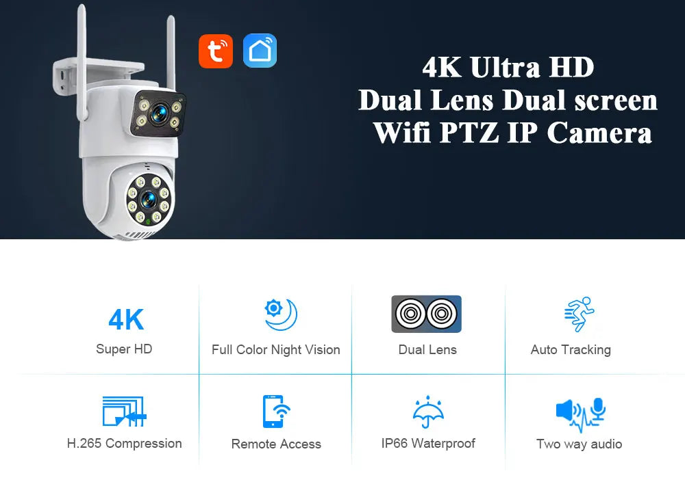 Caméra de Surveillance Tuya 4K 8MP - Double Objectif, PTZ WiFi, AI Tracking, Vision Nocturne, Audio Bidirectionnel, Sécurité Extérieure