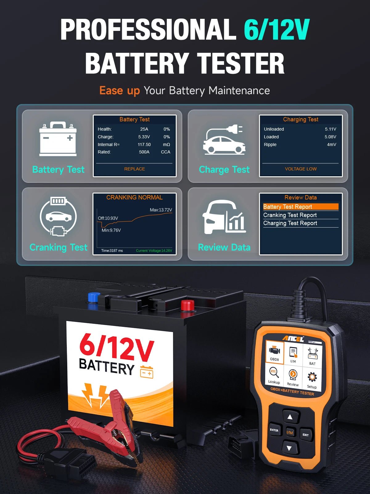 ANCEL AD410 PRO – Lecteur de Codes OBD2 & Testeur de Batterie