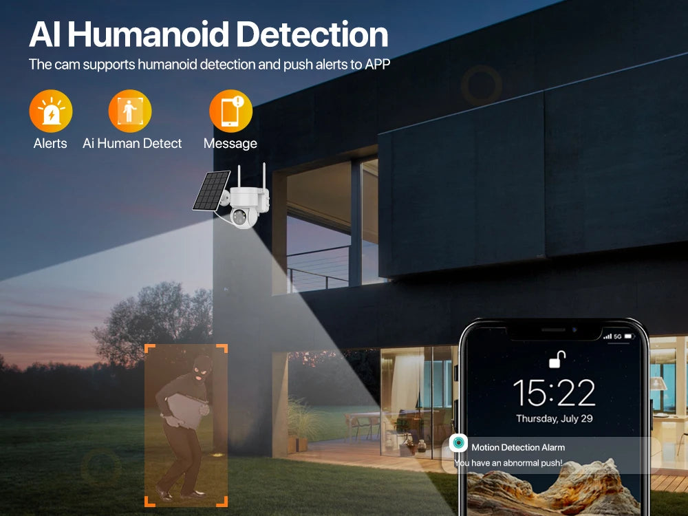 Caméra de Surveillance Solaire WiFi PTZ 4MP HD - Batterie Intégrée, Sans Fil, Vision Nocturne, Détection de Mouvement, iCSee