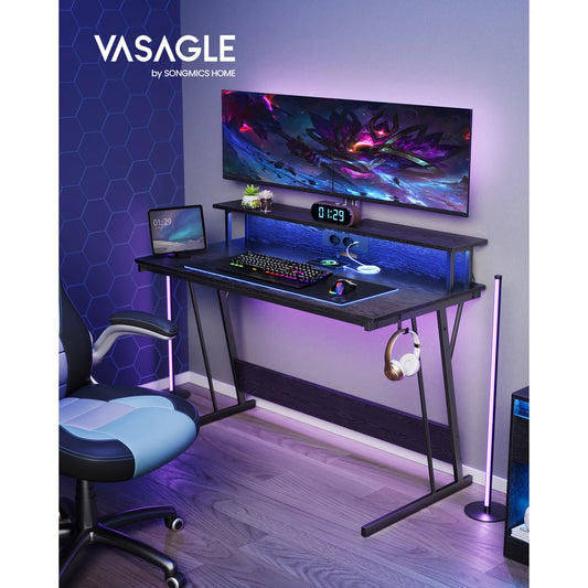 Bureau Gaming VASAGLE – LED RGB, Multiprise Intégrée, Support Double Écran