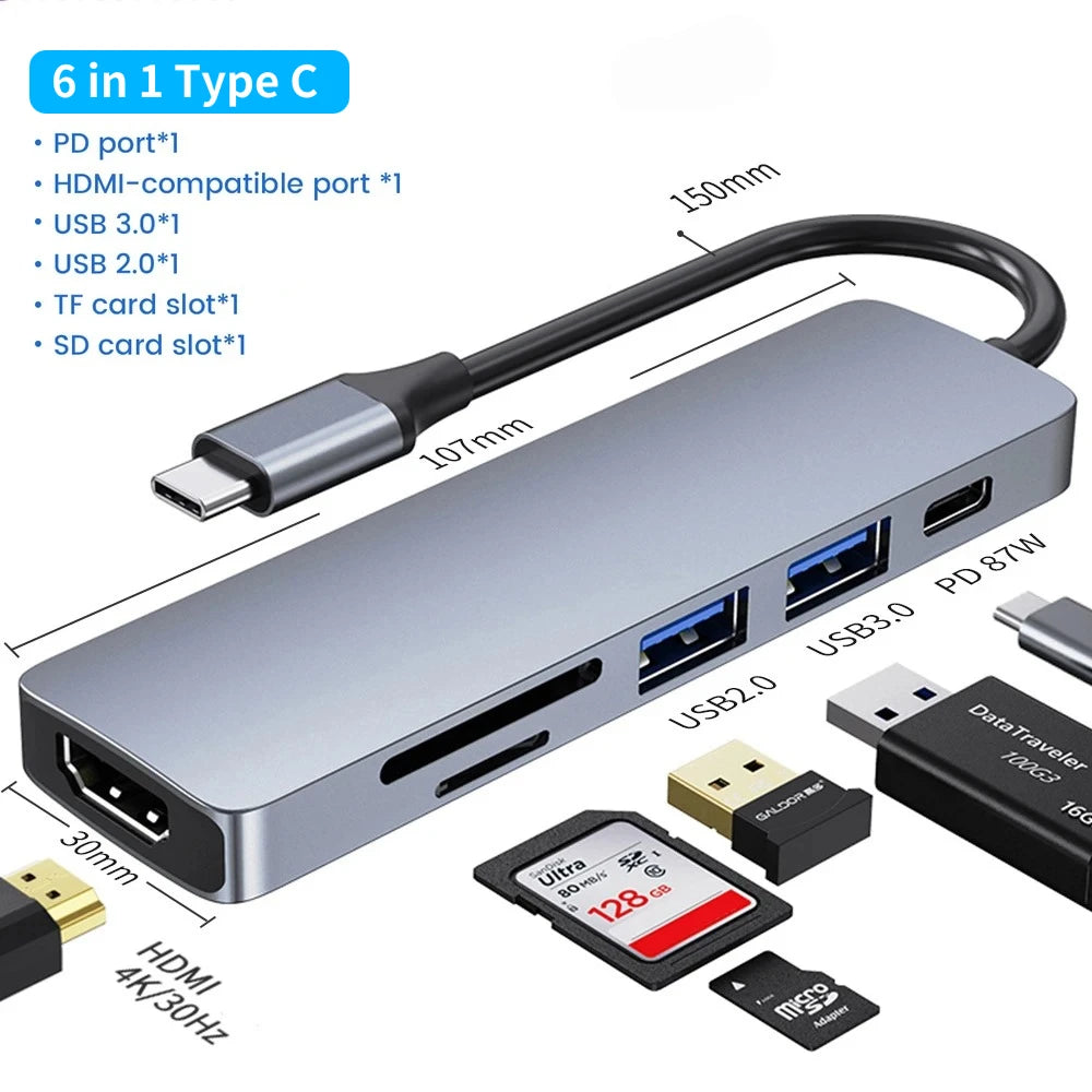 Hub USB-C Multifonction – Adaptateur Type-C vers HDMI 4K, SD/TF, PD Charge Rapide