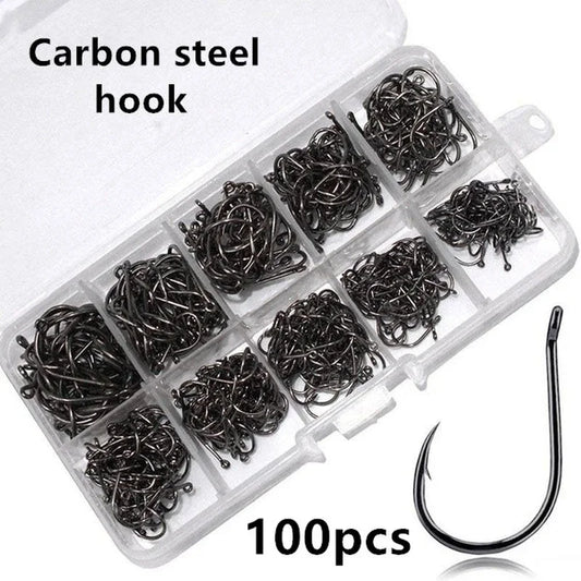 100pcs Hameçons de Pêche en Acier Carbone #3~#12 - Hameçons Circulaires Argentés, Solides & Tranchants