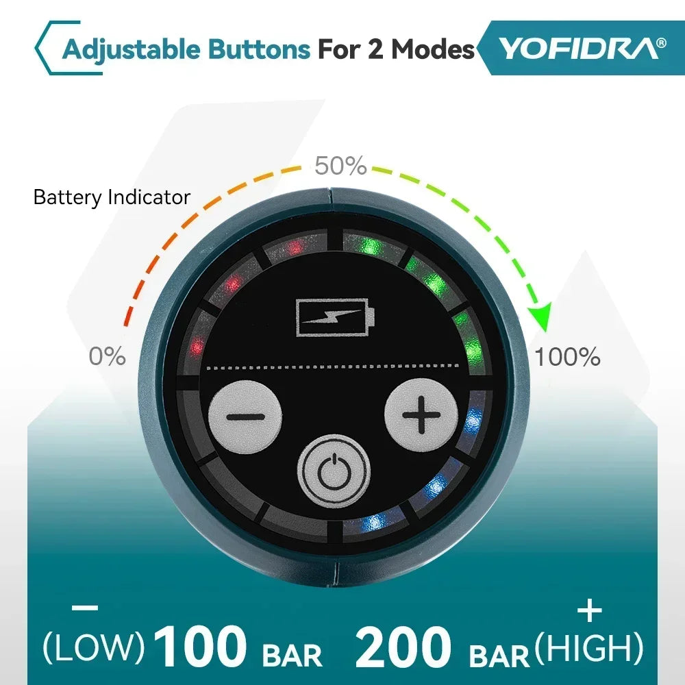 YOFIDRA Nettoyeur Haute Pression 200 Bar - 3500W, Moteur Brushless, Pistolet Pulvérisateur 6-en-1, Compatible Batterie Makita 18V