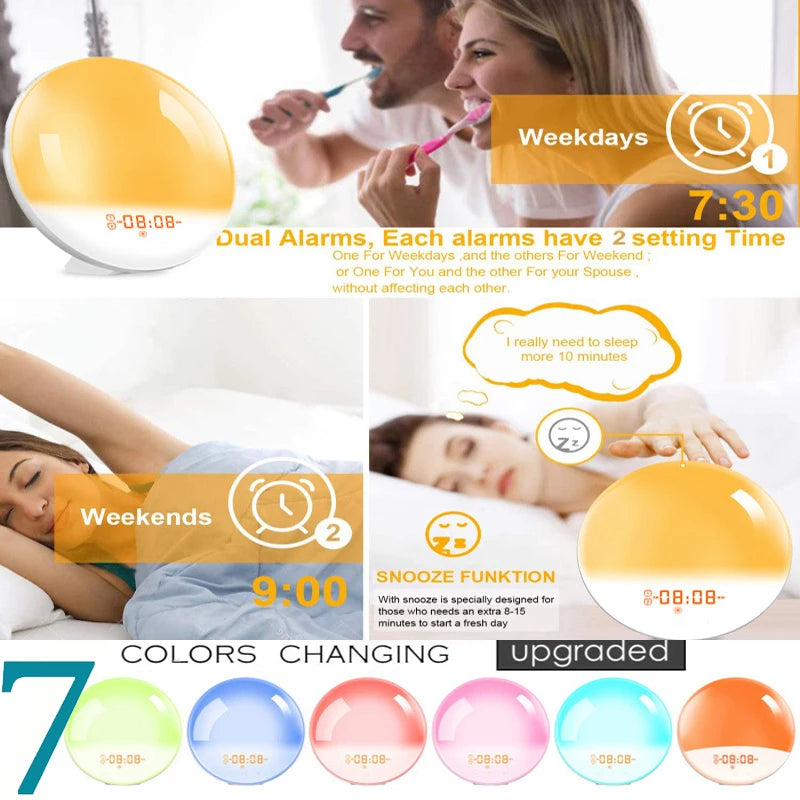 Réveil Lumineux avec Simulation de Lever/Coucher du Soleil - Double Alarme, Radio FM, Veilleuse 7 Couleurs, Sons Naturels & Snooze