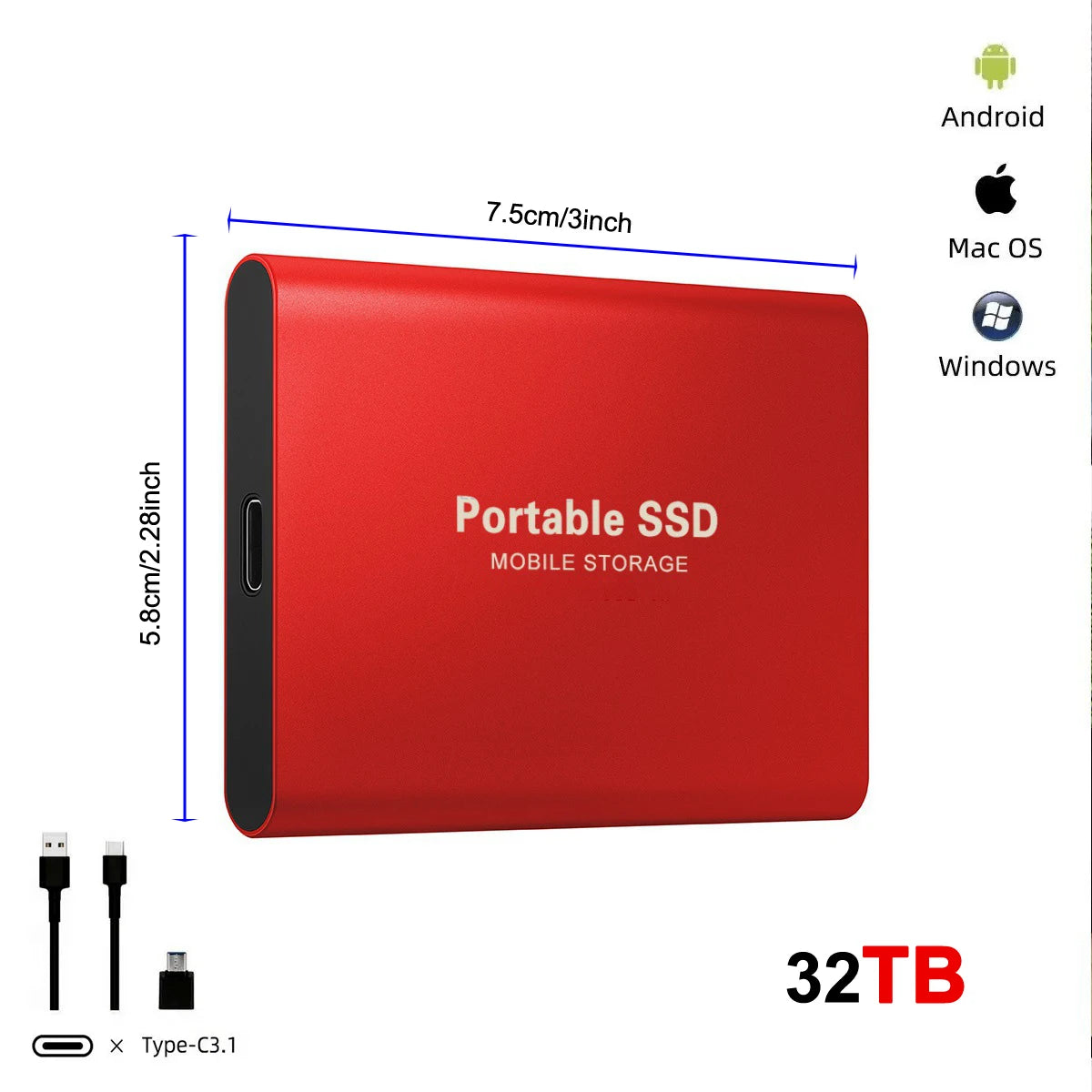 Disque Dur Externe SSD Ultra Fin - 128 To, Portable, USB 3.0, Compatible PC & Mac