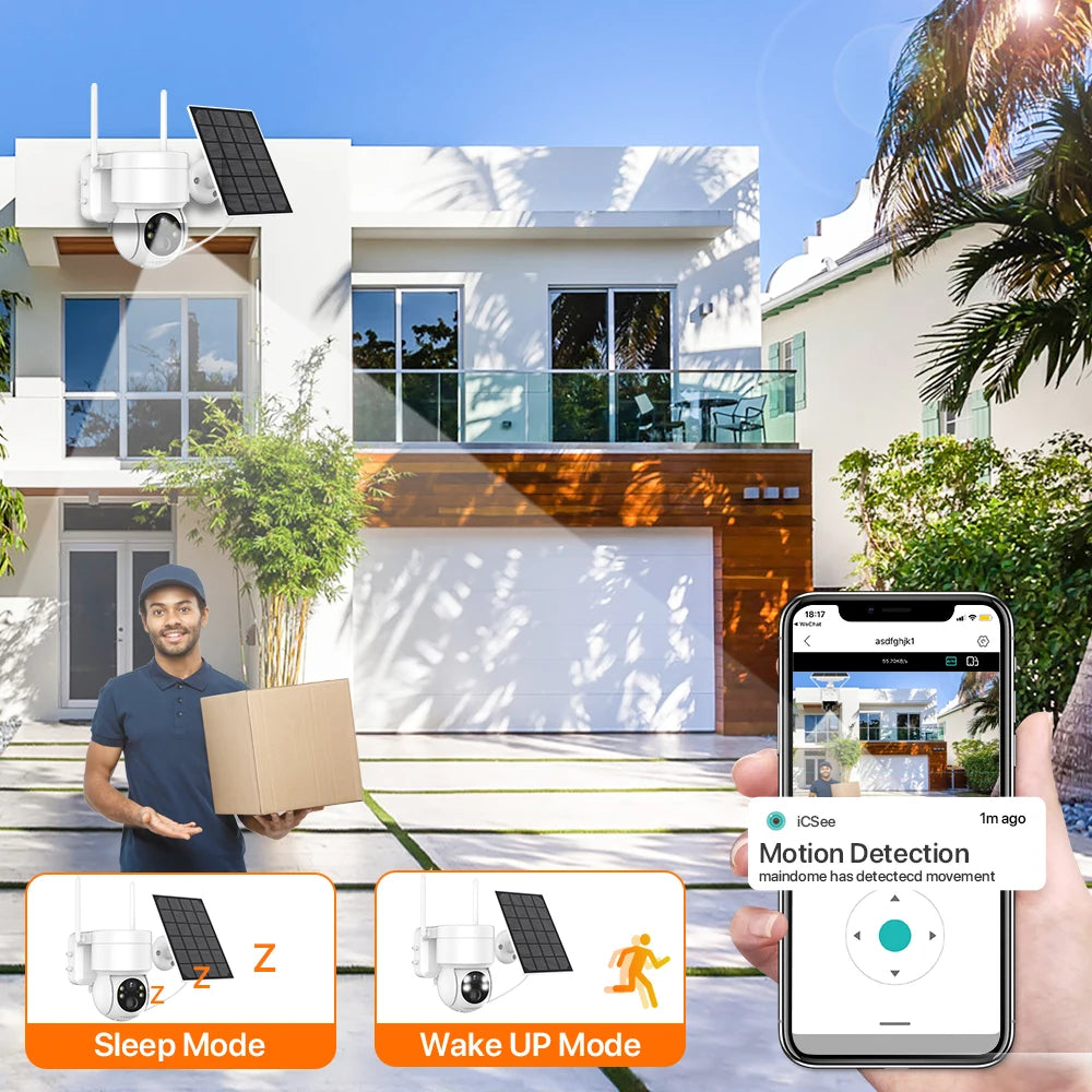Caméra de Surveillance Solaire WiFi PTZ 4MP HD - Batterie Intégrée, Sans Fil, Vision Nocturne, Détection de Mouvement, iCSee