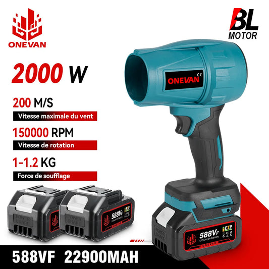 ONEVAN Souffleur Électrique Brushless 2000W - Turbo Jet 200M/S, Séchage Voiture & Soufflage Poussière, Compatible Batterie Makita 18V