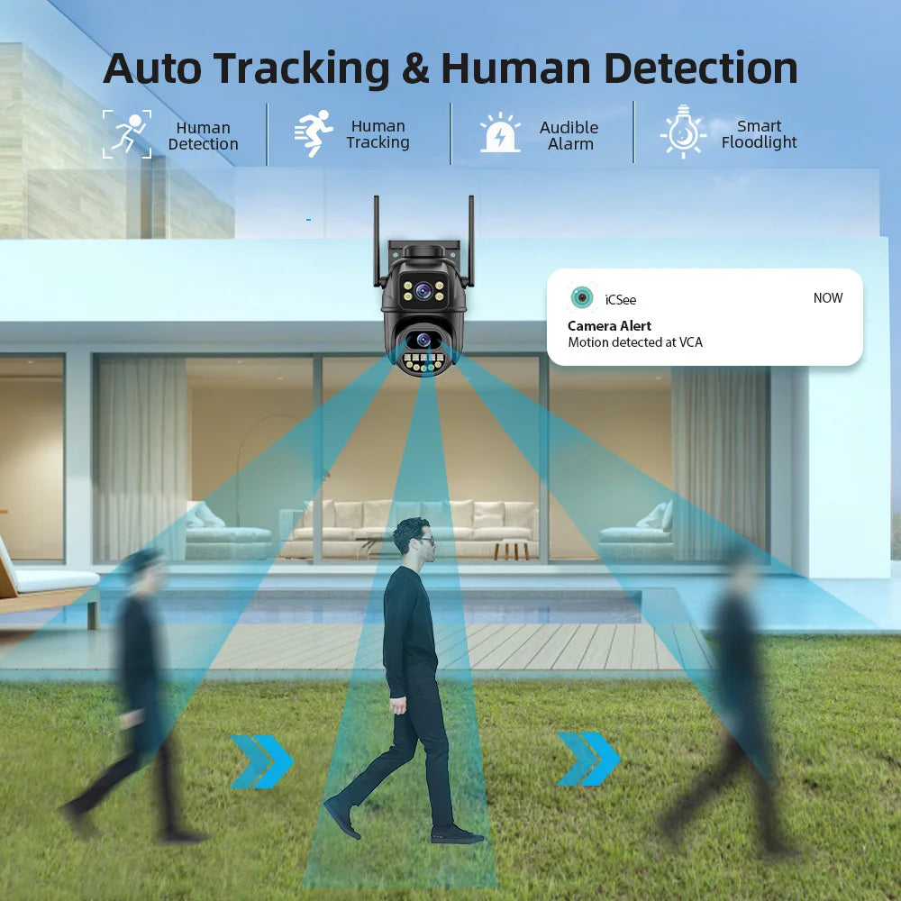 Caméra de Surveillance Extérieure 4K 8MP WiFi PTZ - Double Objectif, Suivi Automatique AI, Audio Bidirectionnel, Vision Nocturne, iCSee