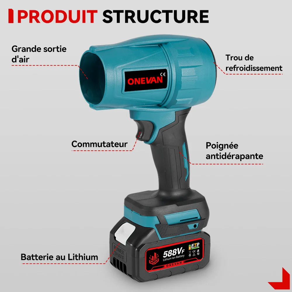 ONEVAN Souffleur Électrique Brushless 2000W - Turbo Jet 200M/S, Séchage Voiture & Soufflage Poussière, Compatible Batterie Makita 18V