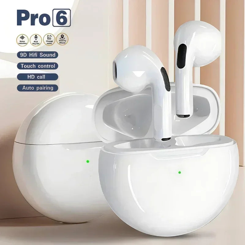 Écouteurs Sans Fil Pro 6 TWS - Bluetooth, Réduction de Bruit, Micro Intégré, Compatibles iPhone & Android
