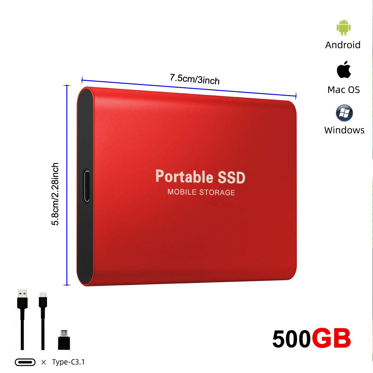 Disque Dur Externe SSD Ultra Fin - 128 To, Portable, USB 3.0, Compatible PC & Mac