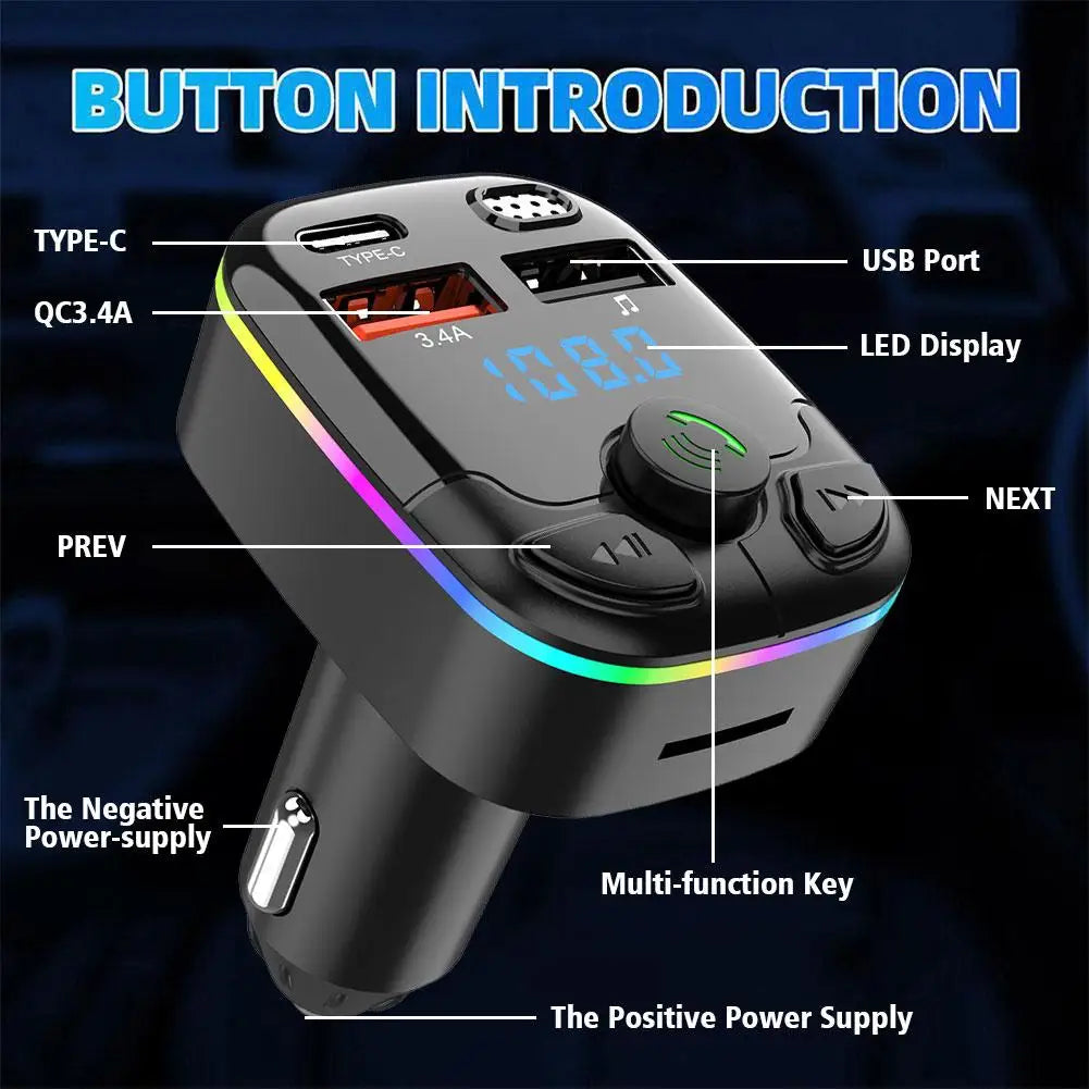 Transmetteur FM Sans Fil pour Voiture - Adaptateur Bluetooth, Chargeur USB Double, Lecteur MP3 & Kit Mains Libres