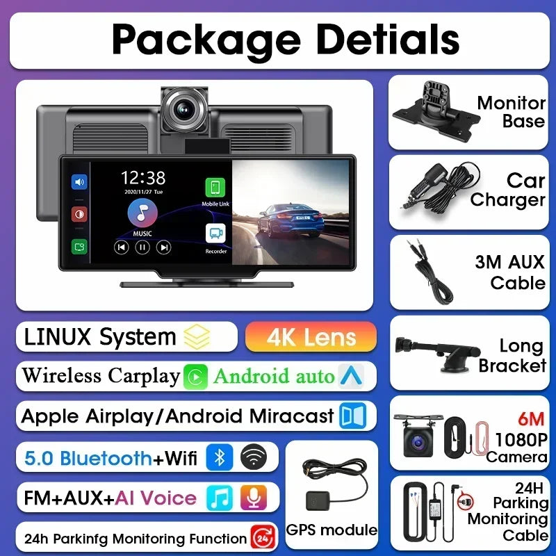 Srnubi 10.26" Dash Cam - Rétroviseur Intelligent avec CarPlay, Android Auto, 4K, DVR Double Caméra, GPS & WiFi