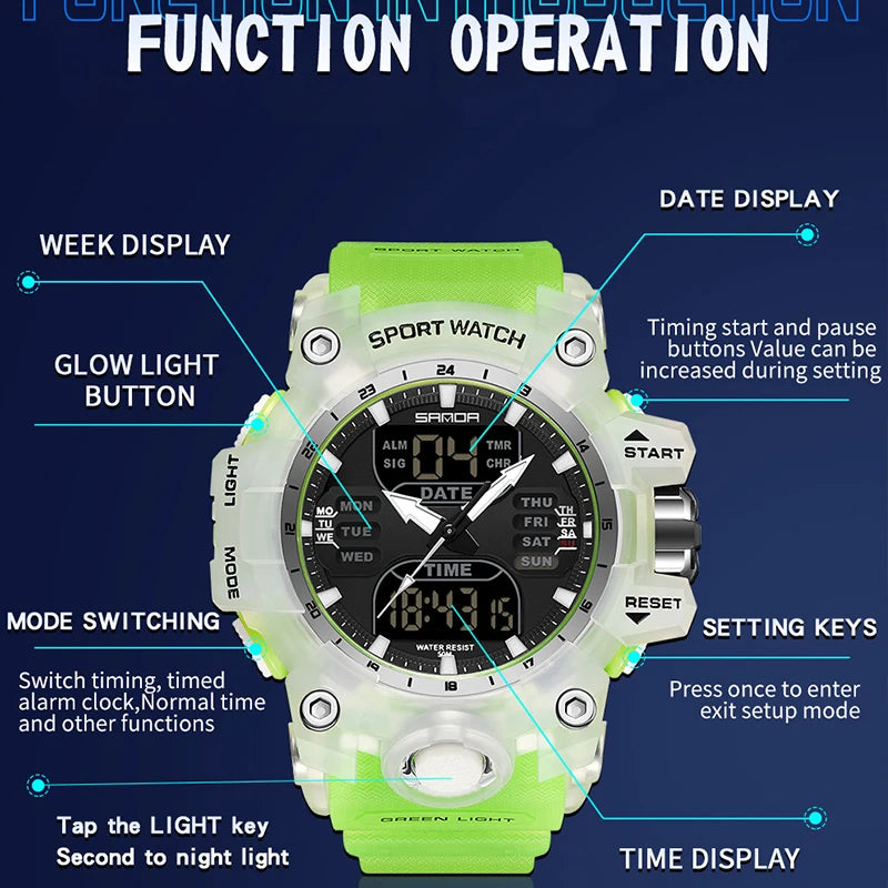 SANDA Luxury G-Style - Montre Électronique Sport Homme, LED, Chronographe Militaire, Étanche 50M