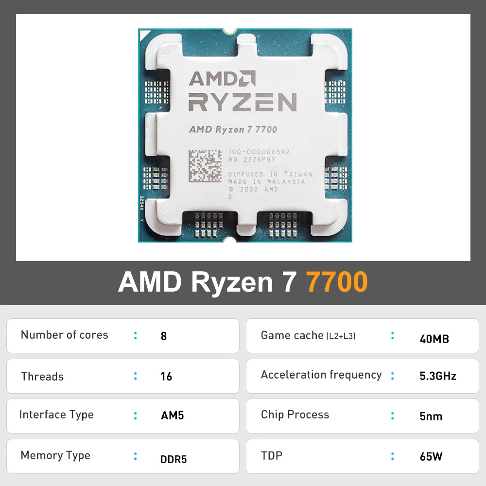 AMD Ryzen 7 7700 - Processeur Gaming 8 Cœurs, 16 Threads, 5.3 GHz, 40 Mo Cache, 5nm, 65W, Socket AM5 avec Graphiques Intégrés