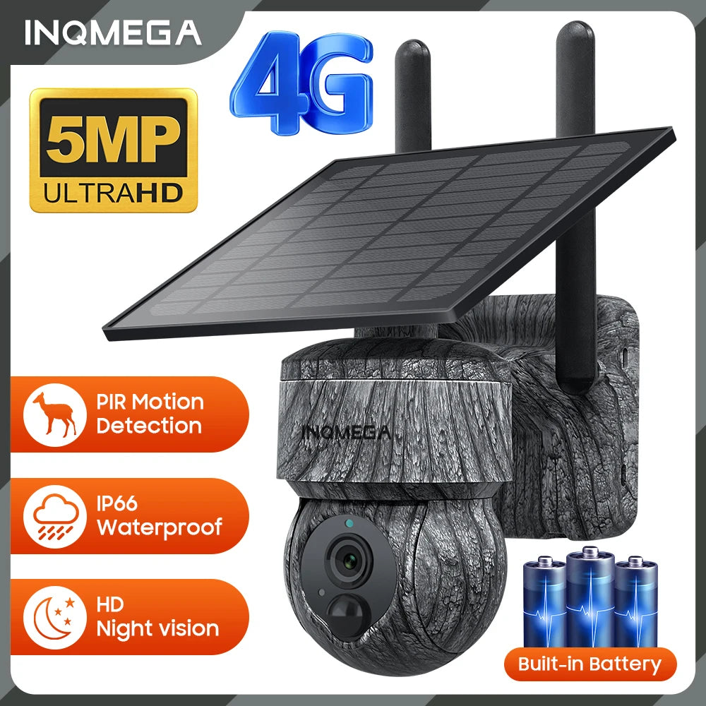 INQMEGA Caméra de Sécurité Solaire PTZ 4G - 5MP/4MP, WiFi Sans Fil, Carte SIM 4G, Audio Bidirectionnel, Surveillance CCTV Extérieure