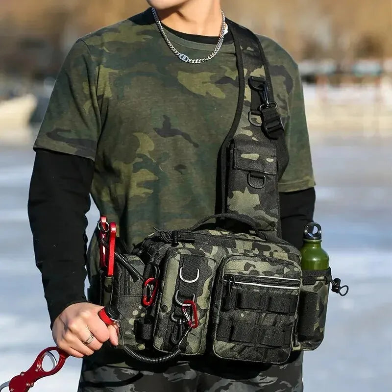 Sac à Dos de Pêche Multifonction - Rangement Leurres & Matériel, Sac à Bandoulière avec Porte-Canne, Idéal pour la Pêche à la Mouche & Spinning