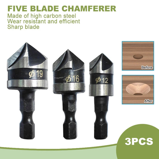 Kit de Fraises à Chanfreiner - 3 Pièces | Foret Fraiseur 90° à 5 Lames - 12/16/19 mm