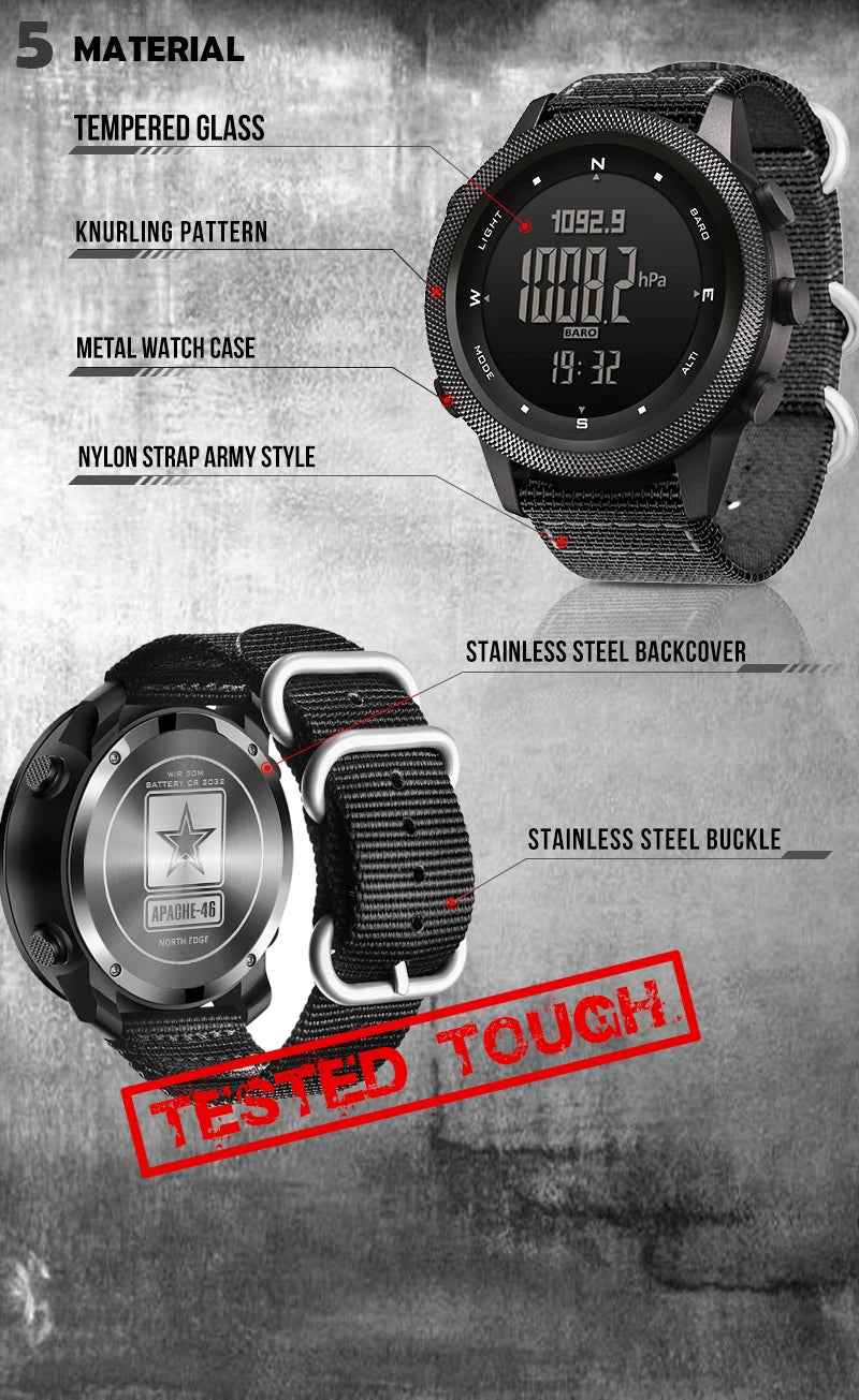 Montre Sportive NORTH EDGE APACHE-46 - Outdoor, Altimètre, Baromètre, Boussole, Étanche 50M