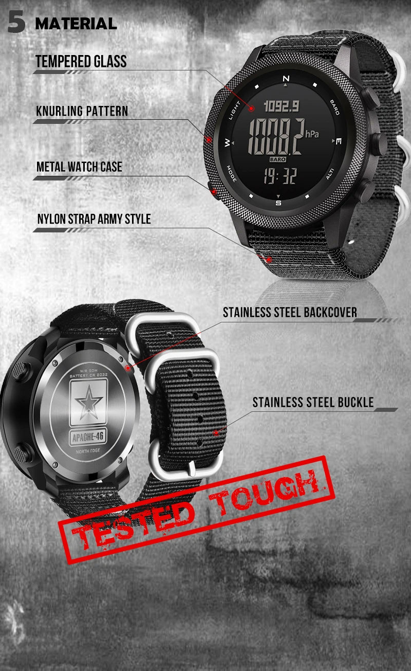 Montre Sport Homme NORTH EDGE APACHE-46 – Altimètre, Baromètre, Boussole, Étanche 50M