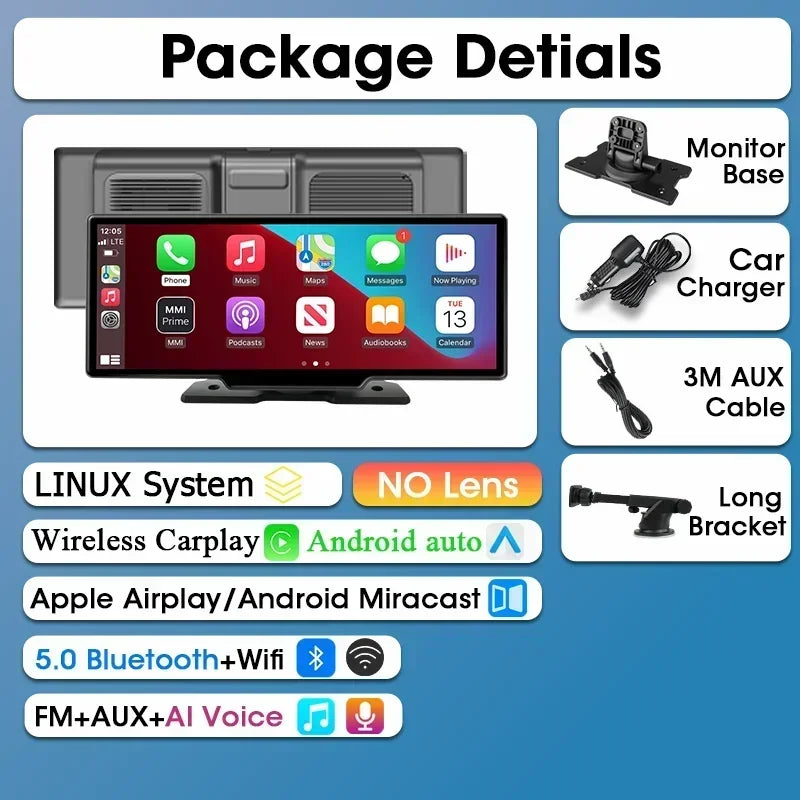 Srnubi 10.26" Dash Cam - Rétroviseur Intelligent avec CarPlay, Android Auto, 4K, DVR Double Caméra, GPS & WiFi
