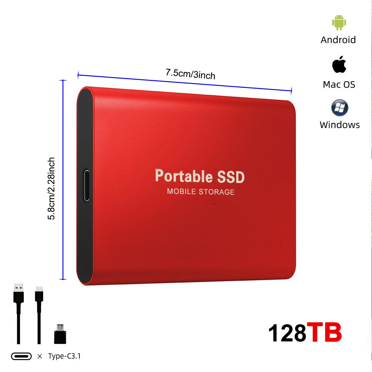 Disque Dur Externe SSD Ultra Fin - 128 To, Portable, USB 3.0, Compatible PC & Mac