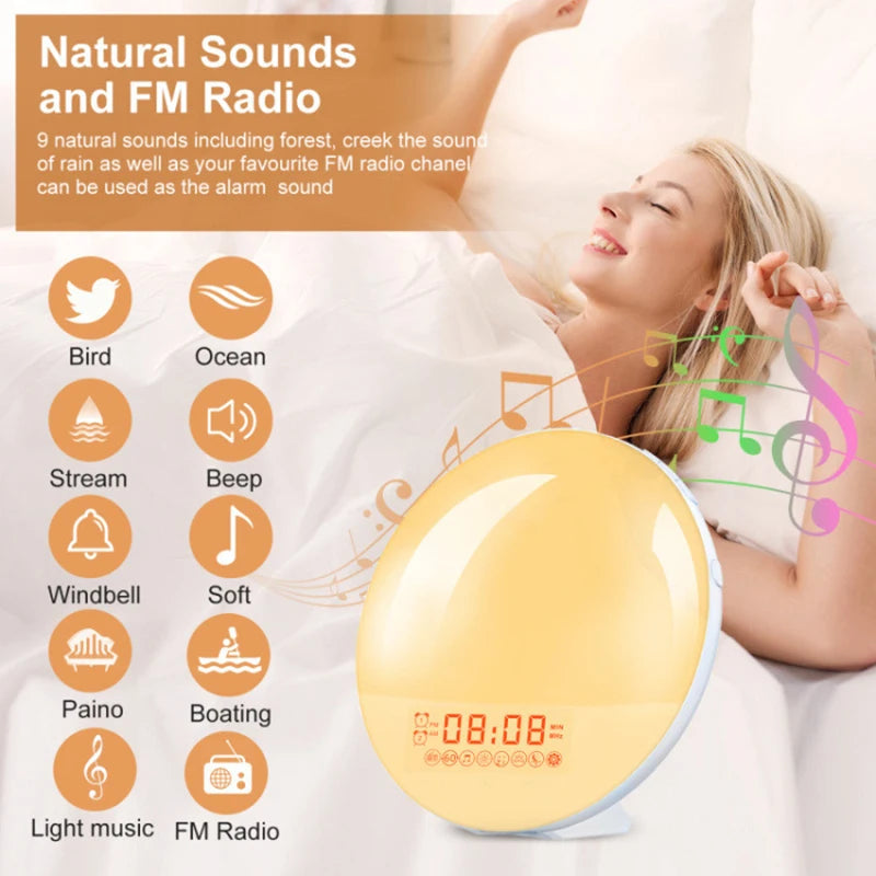 Réveil Lumineux avec Simulation de Lever/Coucher du Soleil - Double Alarme, Radio FM, Veilleuse 7 Couleurs, Sons Naturels & Snooze
