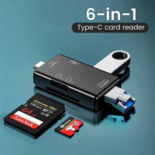 Lecteur de Carte Multifonction 6 en 1 - OTG, USB 2.0, Type-C, TF/SD, Adaptateur pour PC et Smartphone