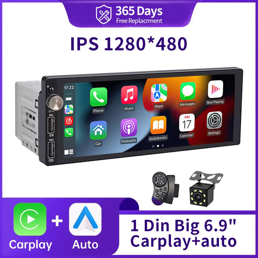 Autoradio 1DIN avec Écran IPS 6.9" - CarPlay & Android Auto, Bluetooth, USB, MP5, Stéréo Multimédia