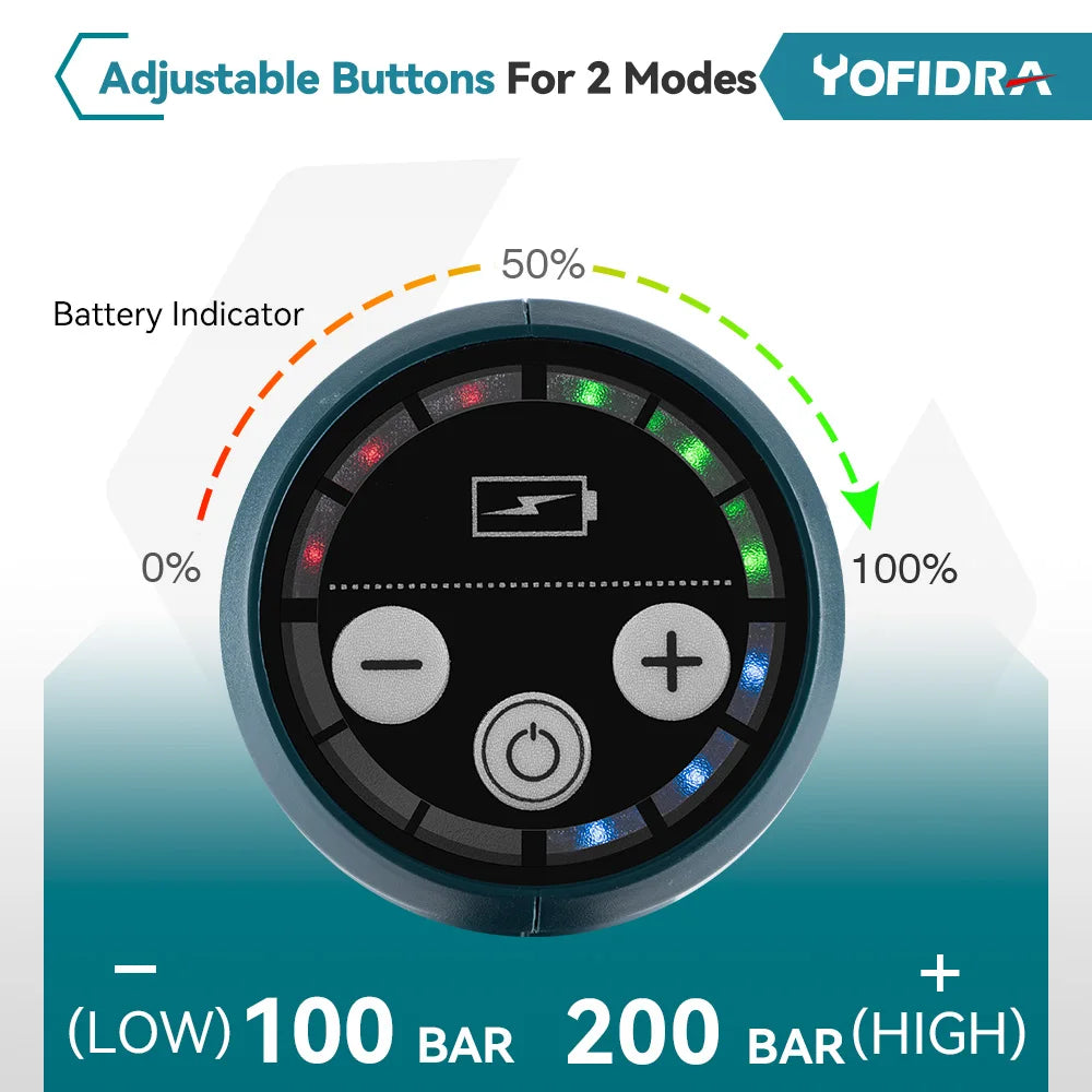 YOFIDRA Nettoyeur Haute Pression 200 Bar - 3500W, Moteur Brushless, Pistolet Pulvérisateur 6-en-1, Compatible Batterie Makita 18V