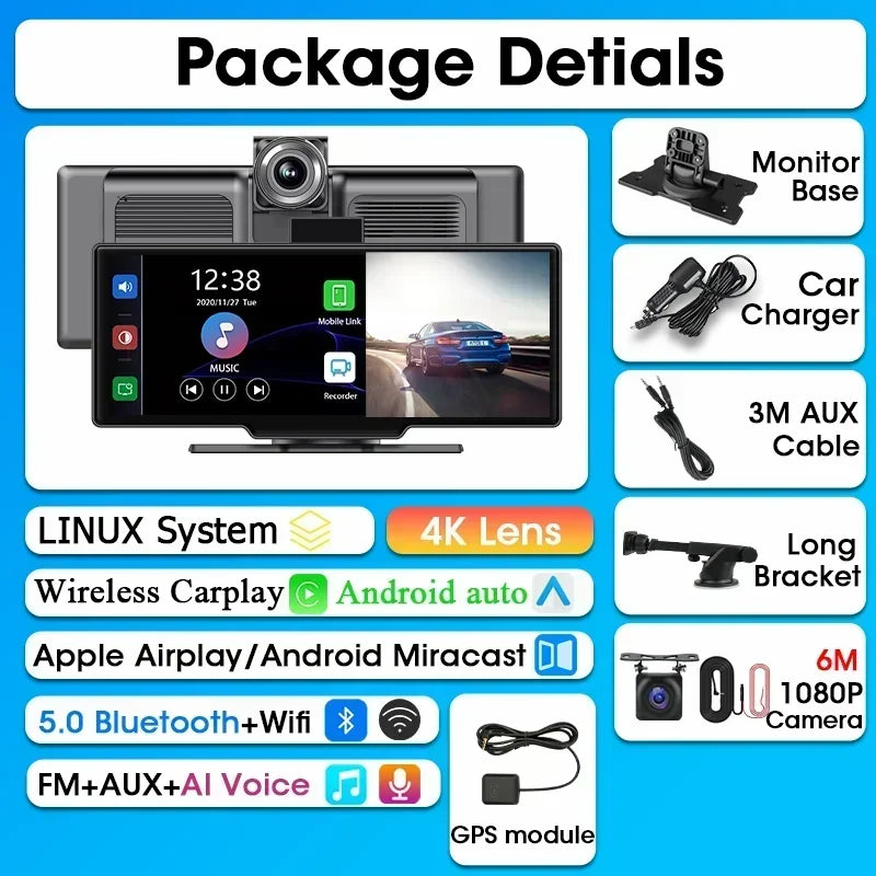 Srnubi 10.26" Dash Cam - Rétroviseur Intelligent avec CarPlay, Android Auto, 4K, DVR Double Caméra, GPS & WiFi