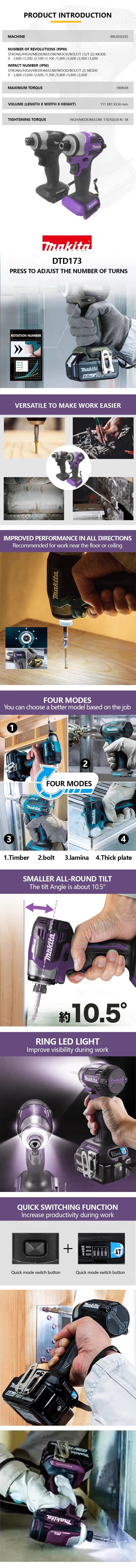 Makita DTD173 - Visseuse à Chocs Sans Fil 18V, Moteur Brushless, 180 Nm, 1800 RPM