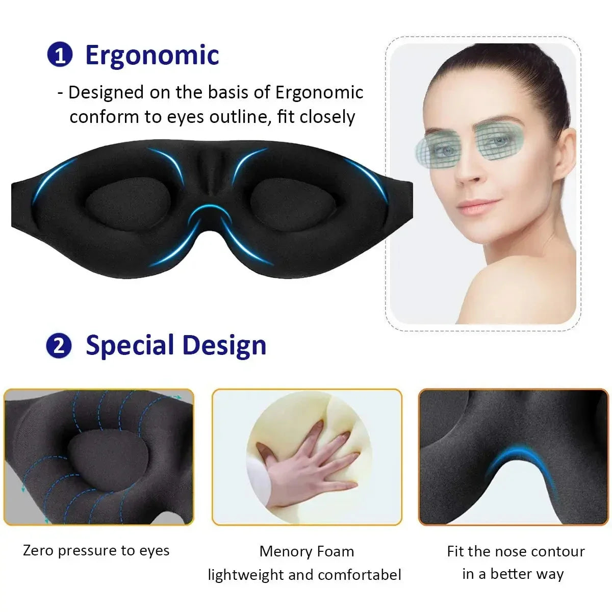 Masque de Sommeil 3D – Confort Total, Anti-Lumière, Contours Ergonomiques