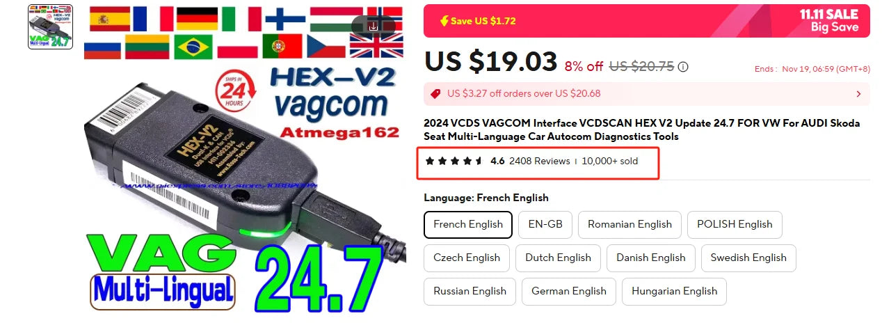 Interface de Diagnostic VCDS VAGCOM HEX V2 – Mise à Jour 2025 (Version 24.7) pour VW, Audi, Skoda, Seat