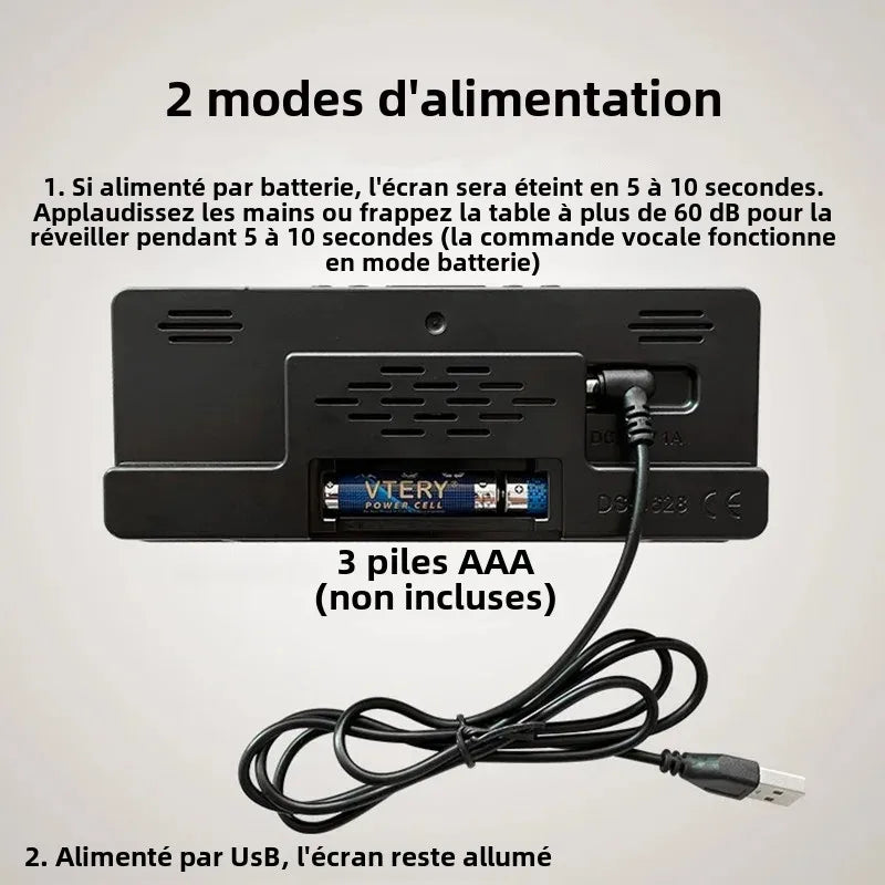 Réveil Digital à Commande Vocale - Affichage LED, Température, Mode Nuit, Snooze, 12/24H, Fonction Anti-Dérangement