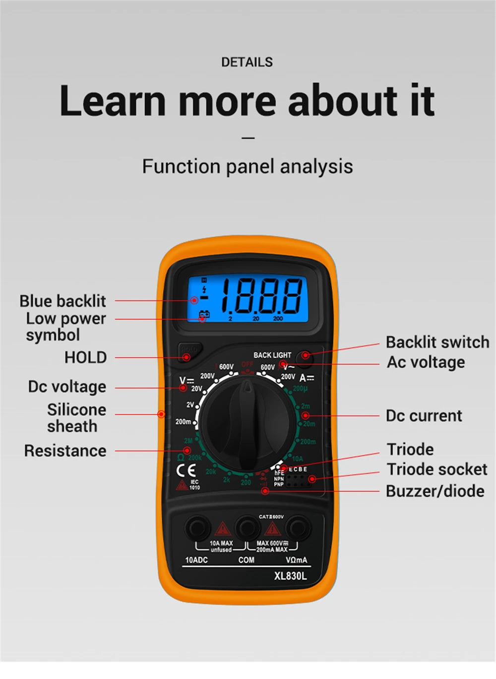Multimètre numérique portable - LCD rétroéclairé - Testeur AC/DC, Volt, Ohm, Ampère - Neuf