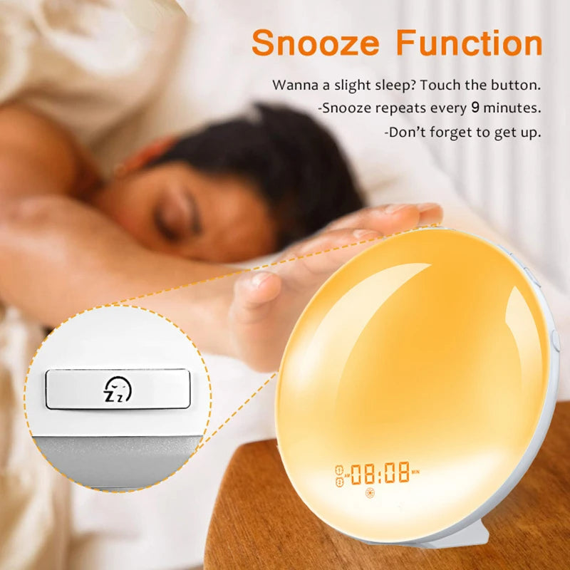 Réveil Lumineux avec Simulation de Lever/Coucher du Soleil - Double Alarme, Radio FM, Veilleuse 7 Couleurs, Sons Naturels & Snooze