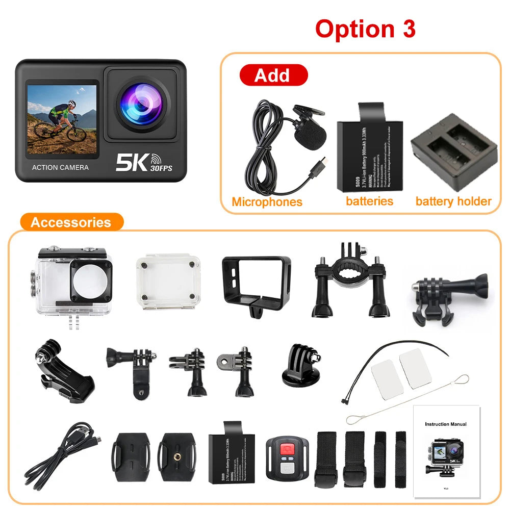 Caméra Sport 5K/4K 60FPS - Double Écran, Stabilisation EIS, Wi-Fi, Étanche 30M, Écran Tactile 2.0", Télécommande