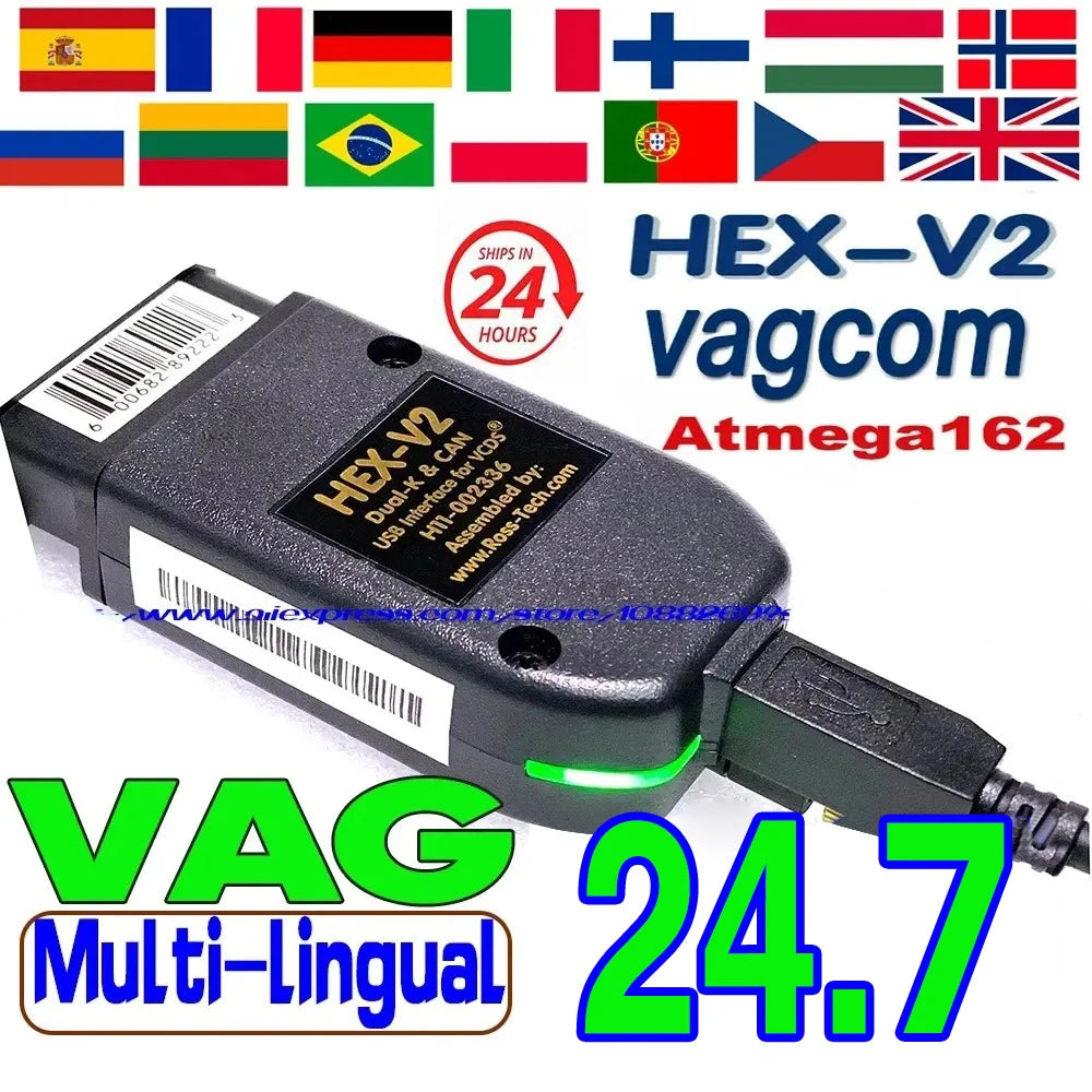 Interface de Diagnostic VCDS VAGCOM HEX V2 – Mise à Jour 2025 (Version 24.7) pour VW, Audi, Skoda, Seat