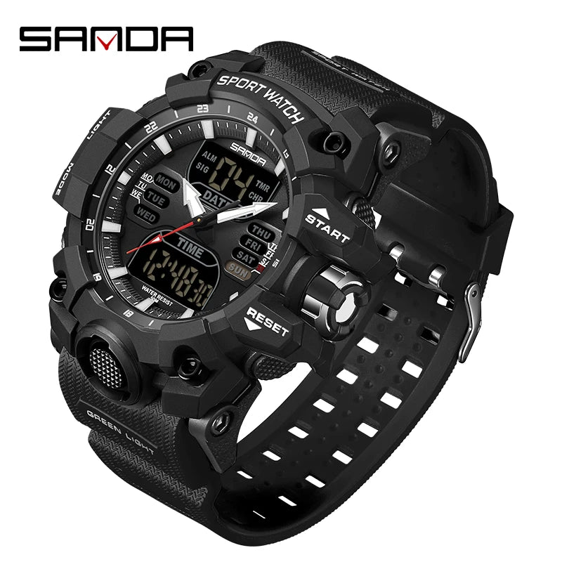 SANDA Luxury G-Style - Montre Électronique Sport Homme, LED, Chronographe Militaire, Étanche 50M