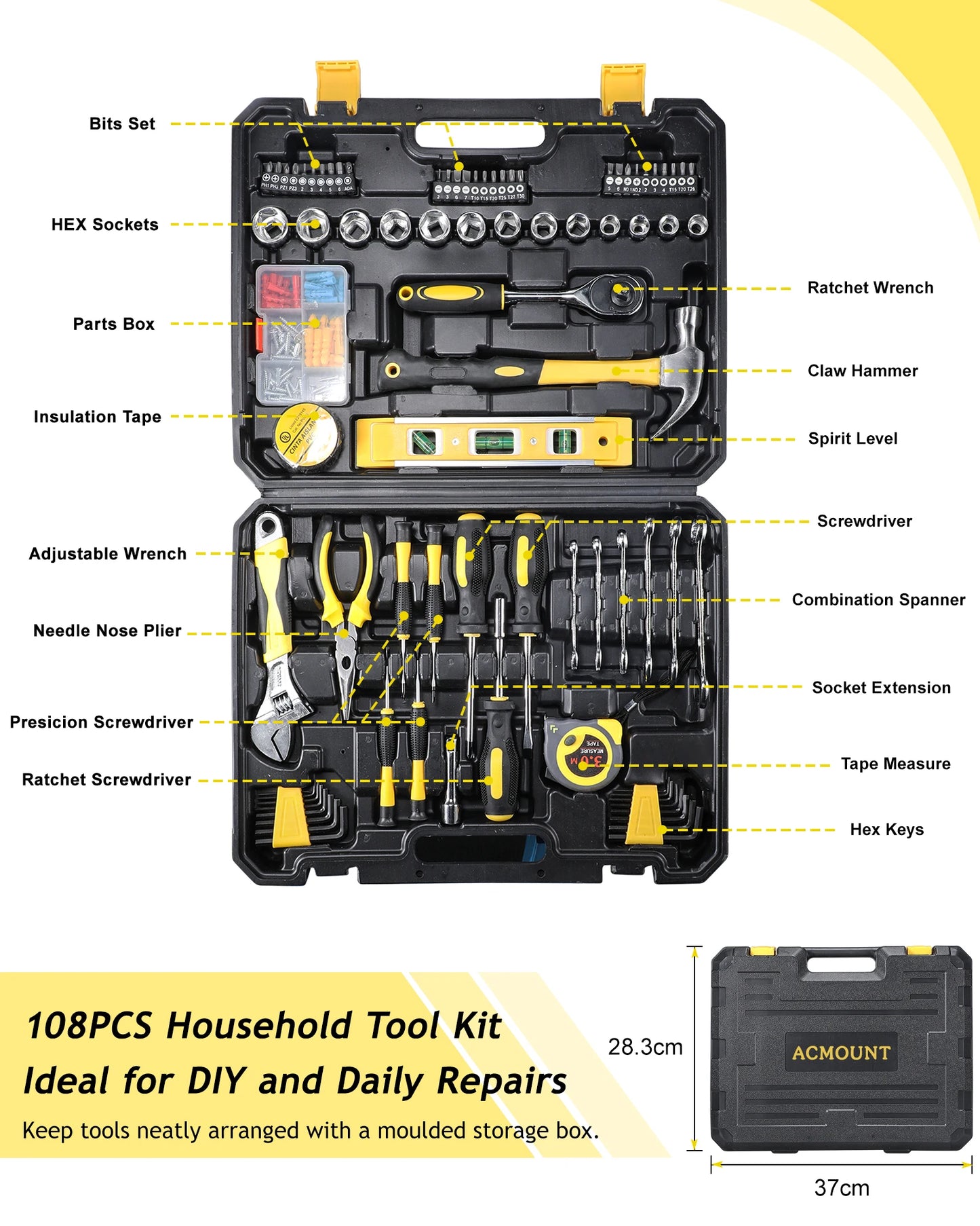 Acmount Kit d'Outils 140 Pièces – Boîte à Outils Complète pour Maison, Moto & Voiture
